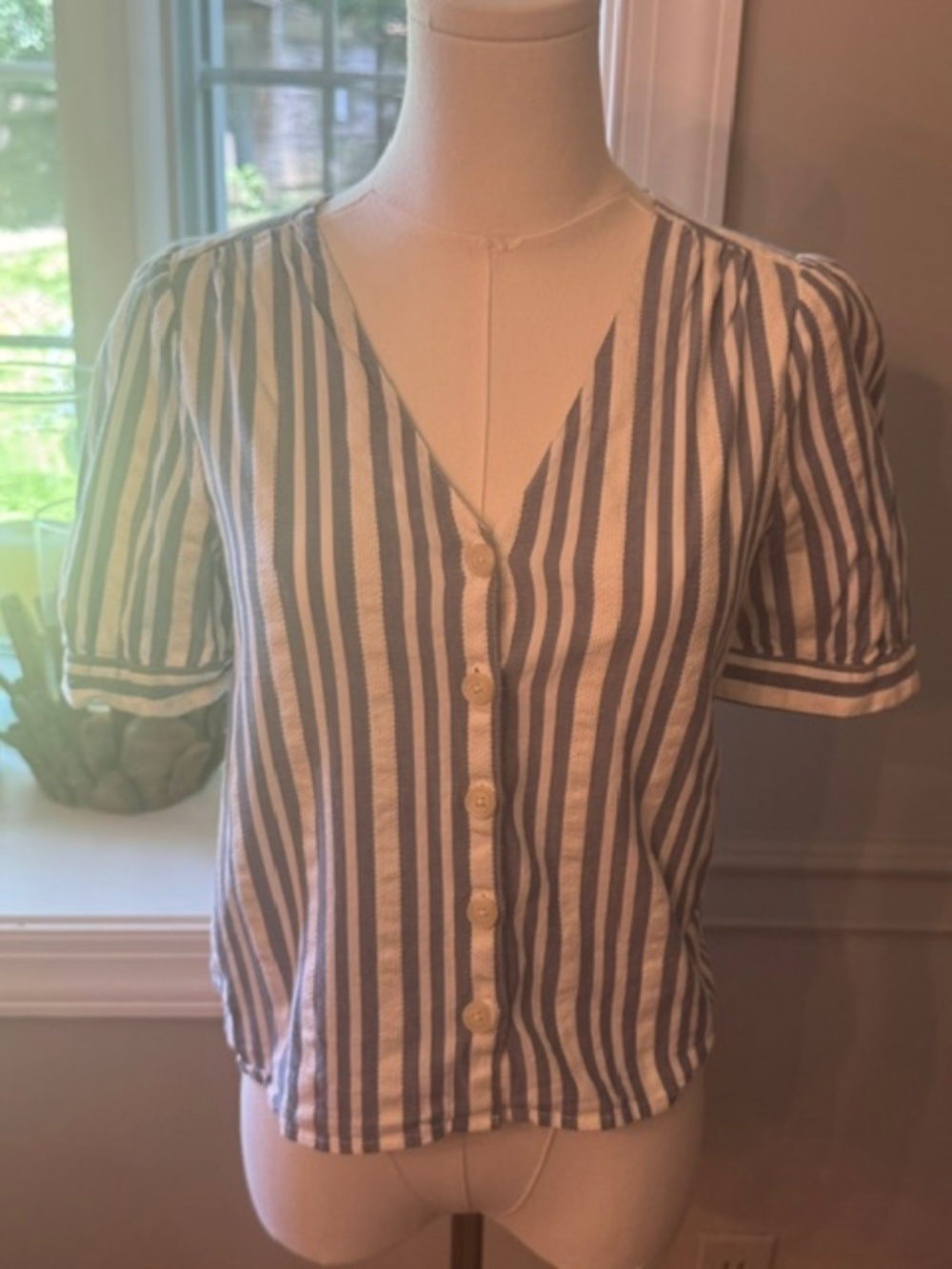 Madewell Blue White Stripe Button Front Top XS Puff Sleeve Cotton Blouse